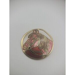 Vintage Gold Tone Brooch Pin Round Horse Mare Bridle Jewelry Costume